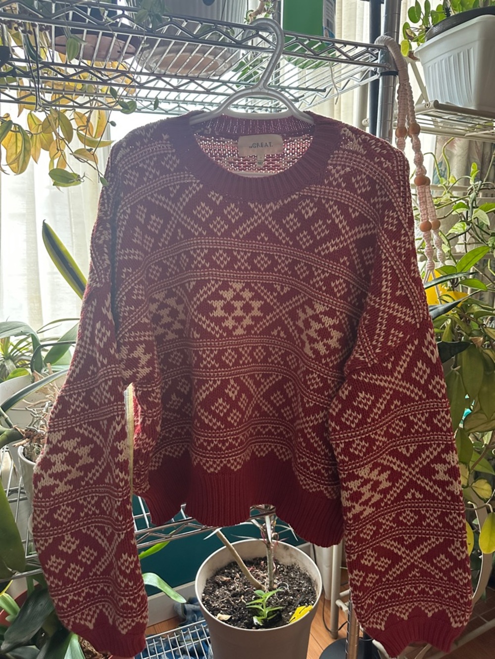 THE GREAT. Red and Cream Fair Isle Crewneck Sweater